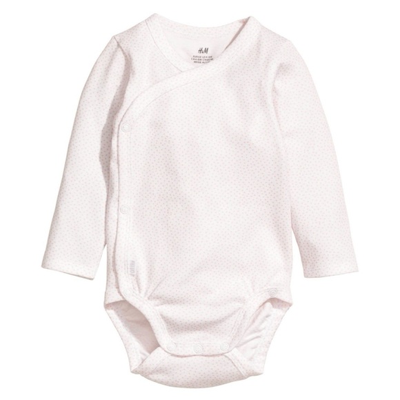 H&M Long Sleeve Wrap Over Bodysuit - White and Pink Polka Dots - Picture 1 of 7